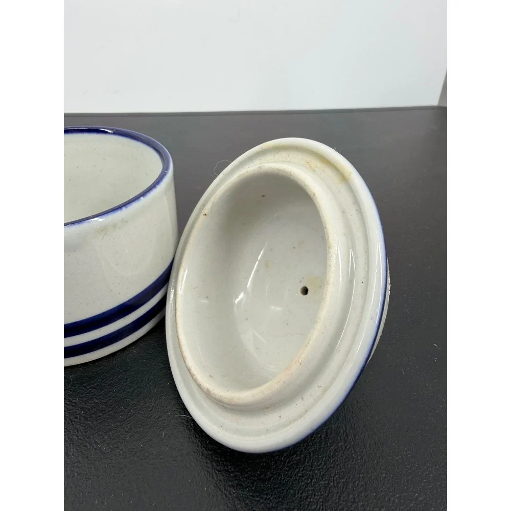 Dansk International Designs Blue Striped Stoneware Jam Honey Pot Lid Japan MCM